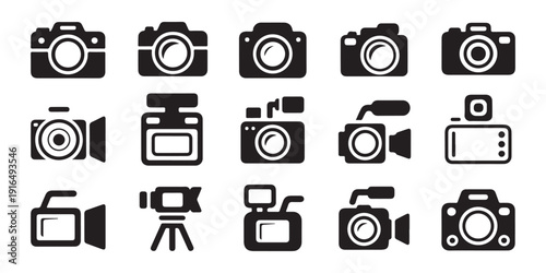 Collection of various camera icons and symbols representing photography equipment and digital devices