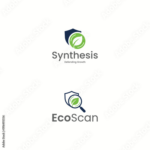 security and inspection logo, shield, leaf, and magnifying glass symbols for protection branding