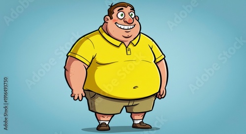 cartoon chubby man in yellow polo shirt and brown shorts