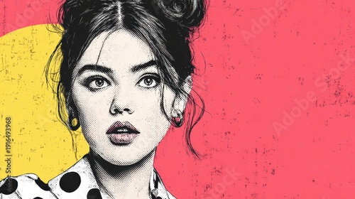 Captivating young woman with expressive eyes posing against a vibrant, bold background, showcasing a blend of art and fashion in a unique style