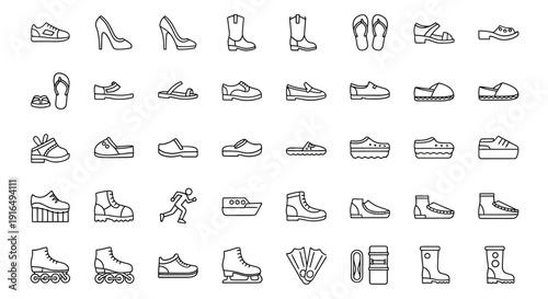 Collection of various footwear icons in minimalist line art style.