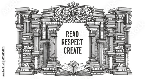 Vector illustration of an ancient stone archway with columns and an open book, surrounded by stacks of books, with READ RESPECT CREATE text