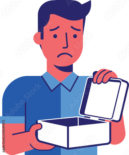 Man with a sad expression holds an empty open box, representing disappointment, a lack of contents, or the feeling of nothing being left inside.