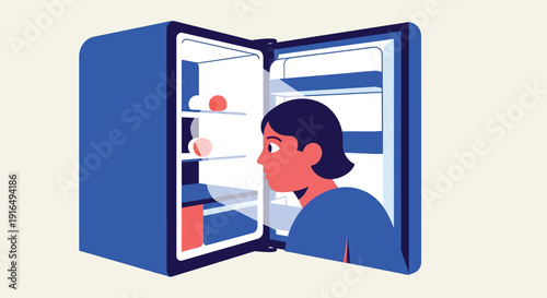Person looks into an empty refrigerator, feeling disappointed and hungry, symbolizing a lack of food, financial difficulties, or resource scarcity.