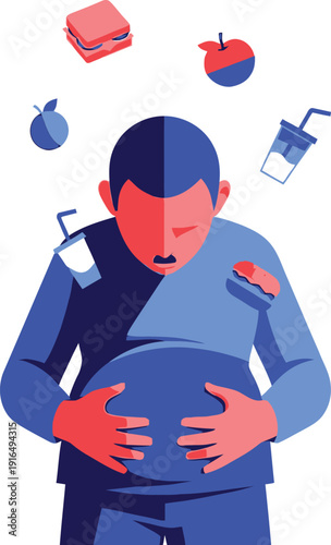Overweight man clutches his large stomach while junk food items float around his head, symbolizing poor dietary choices.
