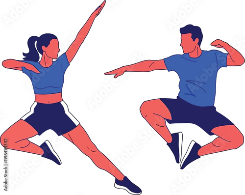 Two energetic people perform synchronized dynamic martial arts or dance jumps with outstretched limbs.