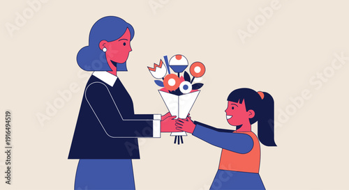 Young student presents a colorful bouquet of flowers to a smiling female teacher in appreciation for her hard work.