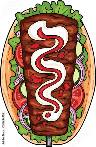 Delicious Gyro Kebab with Fresh Vegetables and Sauce.