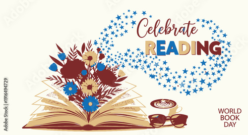 Vector illustration of an open book with flowers and Celebrate Reading text on World Book Day