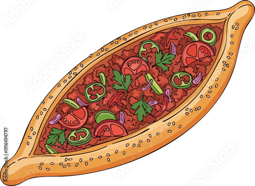 Delicious Turkish Pide with Minced Meat and Vegetables.