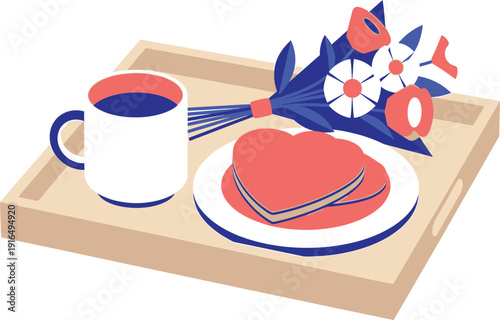 A wooden breakfast tray holds a hot beverage in a mug, heart-shaped pancakes, and a small bouquet of flowers.