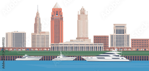 City waterfront skyline illustration, modern downtown buildings with marina yachts and riverfront urban architecture panorama