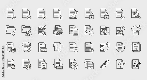 Detailed Document and File Management Line Icons Set on Isolated White Background for Digital Operations.