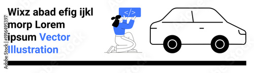 Software development, innovation, auto mechanics, coding, problem solving, programming concepts. Woman working on code next to a car. Software development and innovation idea