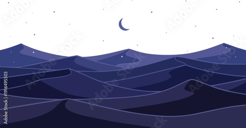 Crescent Moon Above Dark Hills Illustration.