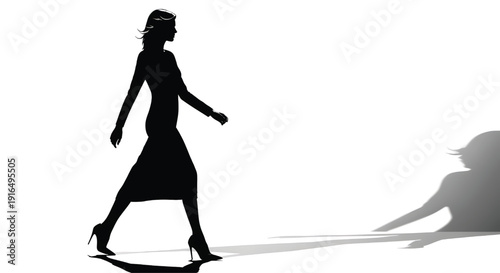A silhouette of a woman in a long dress and high heels confidently strides forward. 