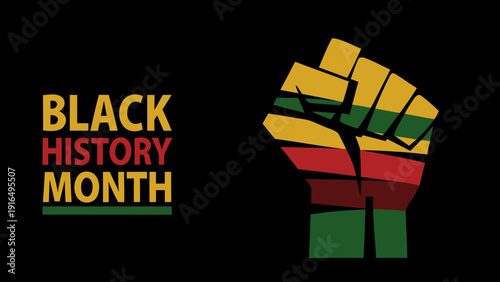 Vibrant flat illustration of african heritage symbols black history month raised fist and text on black background