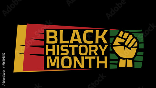 Black history month banner with raised fist and colorful design on black background for celebration and awareness