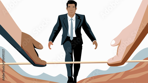 Businessman walking on tightrope between two hands symbolizing risk and challenge in career or business with a scenic mountain background
