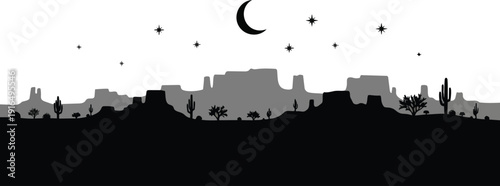Crescent Moon Above City Skyline Silhouette.
