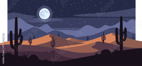 Cacti in Desert Landscape Under Moonlight.