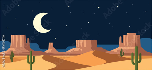 Desert Landscape with Cacti and Crescent Moon.