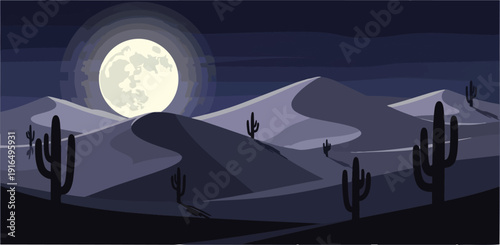 Desert Landscape with Cacti under Full Moon.