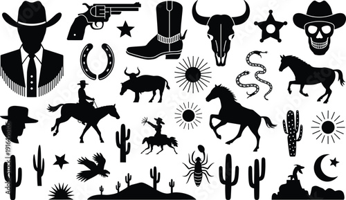 Western cowboy silhouette vector set, wild west icons collection with horses, cactus, skull, sheriff badge and revolver