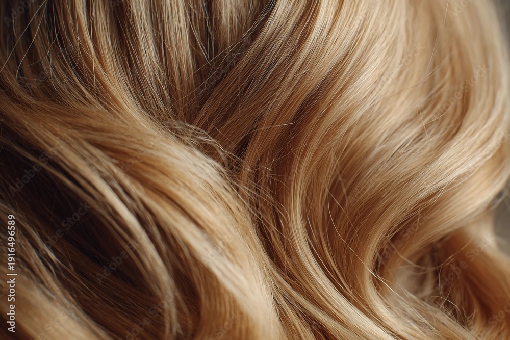 Naklejka premium Wavy blonde hair close-up showing texture and shine in indoor light during the day