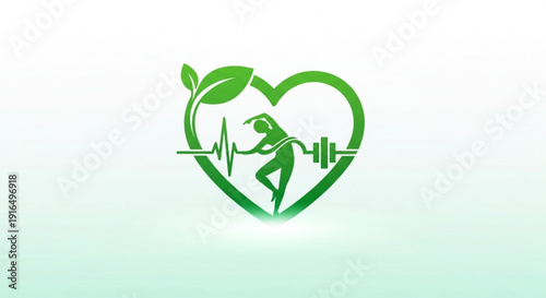 Green heart logo with fitness symbol and leaf healthy lifestyle concept