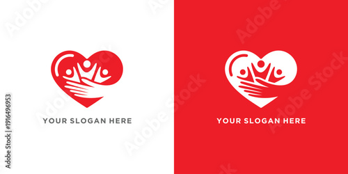Heartshaped logo with people and hands representing care and support.