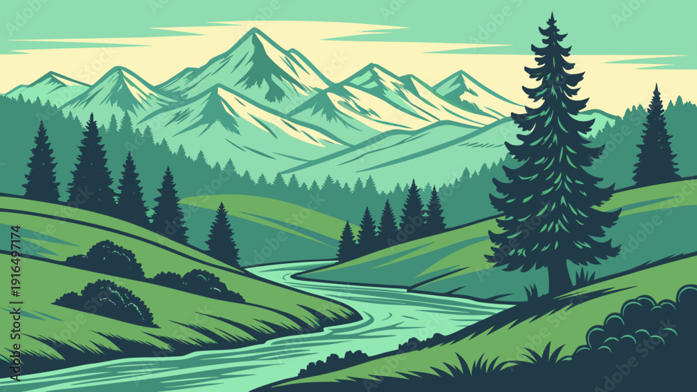 Fototapeta premium Serene mountain landscape with lush green forest and gentle river flowing through