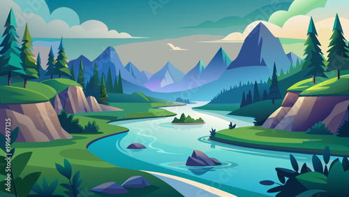 A serene landscape featuring a vibrant river winding through lush green valleys and mountains