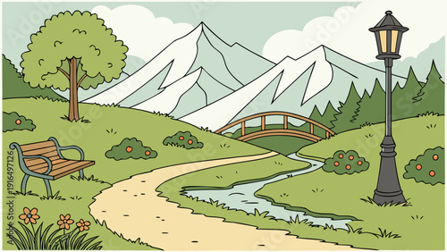 Scenic mountain trail winding through a peaceful forest landscape with small waterfall.