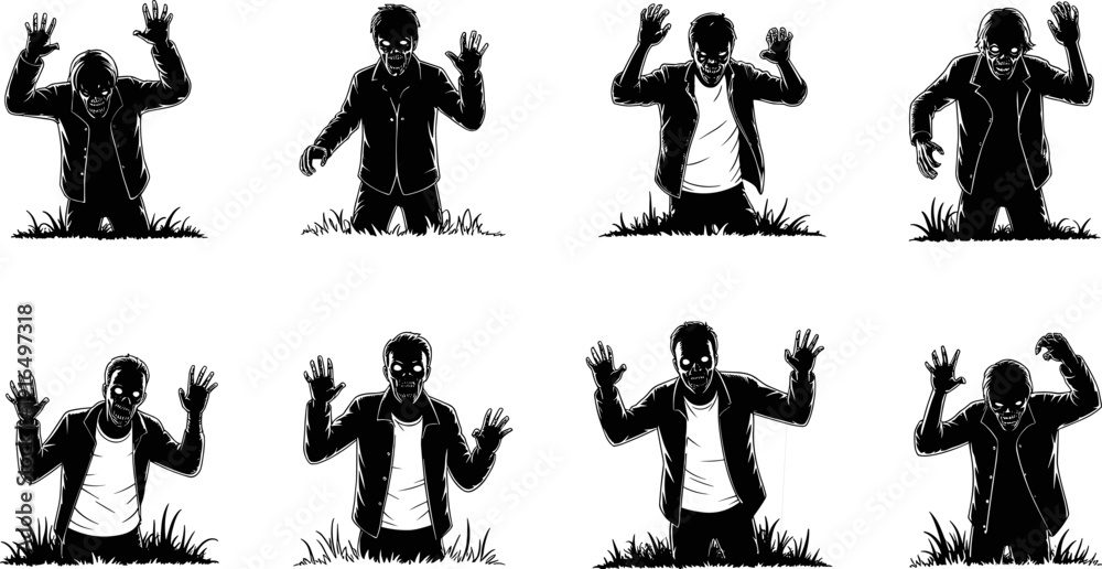 Obraz premium Set of eight scary zombie silhouettes rising from the ground with glowing eyes flat vector illustration isolated on white background for Halloween horror design.