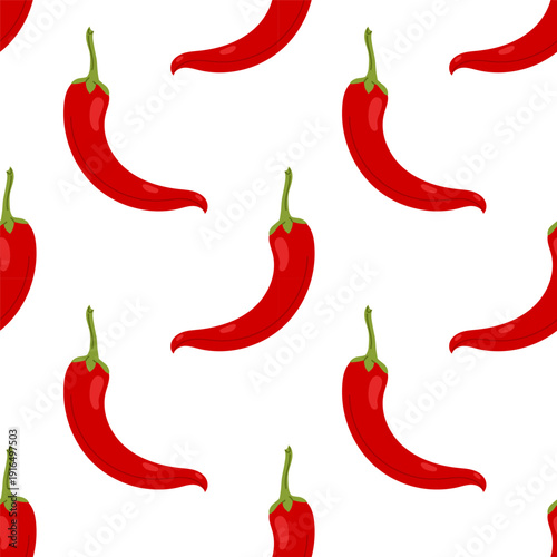 Seamless pattern with red chili peppers on white background for food packaging, kitchen textiles and restaurant design.