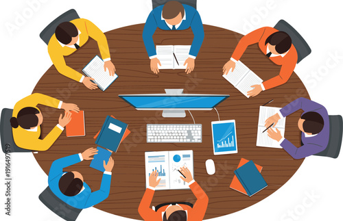 Top view of business team sitting around oval table for corporate meeting and data analysis flat vector illustration