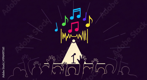 Colorful music notes and sound wave over crowd with raised hands in dark background lively festival vibe