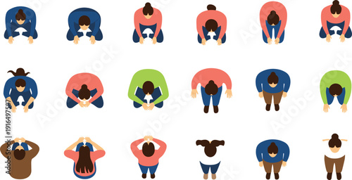 Top view set of people sitting and drinking coffee or tea flat vector illustration