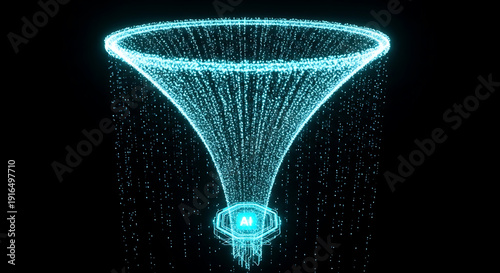 Abstract blue funnel with glowing particles in dark space, futuristic