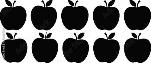 Set of ten black apple silhouettes with stems and leaves flat vector illustration isolated on white background for healthy food fruit grocery retail.