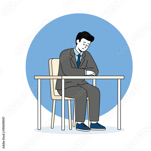 Professional male character experiencing work stress and exhaustion. Concept of mental health, job loss, burnout, and business failure in minimalist flat design.