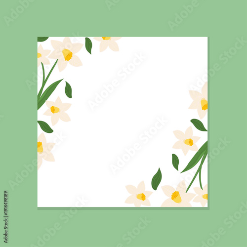 Minimalist spring floral border template with white daffodils and central copy space for social media and greeting cards