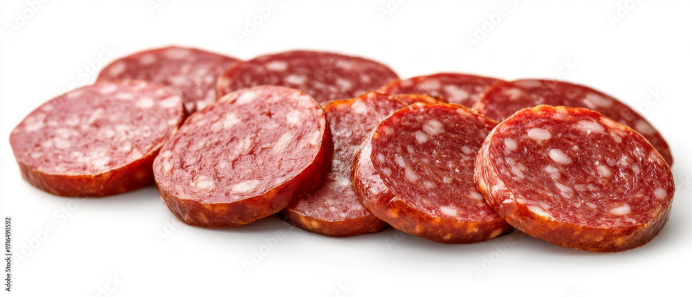 Obraz premium Appetising slices of sausage with evenly distributed streaks of fat against a white background will emphasise the gastronomic appeal, serving as a backdrop for menus or culinary blogs.