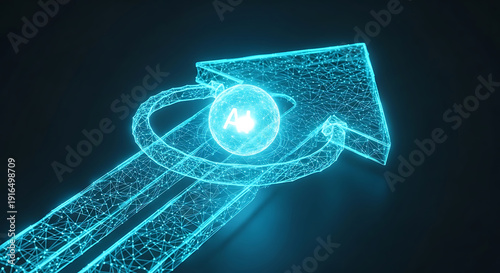 3D glowing arrow with AI symbol pointing to the right on a dark background