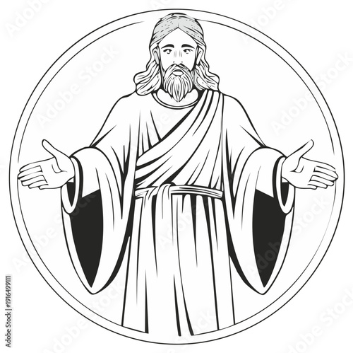 Jesus Christ portrait in a circle welcoming gesture arms open religious illustration