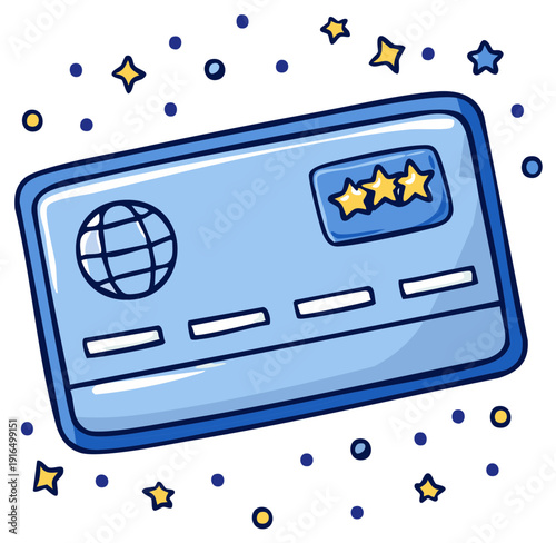 Stylized blue credit card with golden stars and sparkling dots signifying success and rewards
