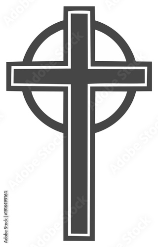 Gray Celtic cross icon with nimbus circle. Christian religious symbol of faith from Irish culture.