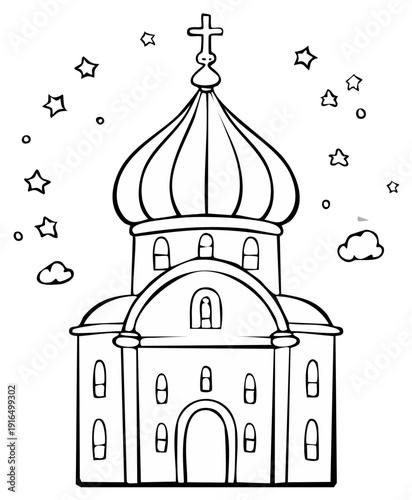 Orthodox Church with Dome and Cross, Stars, and Clouds Outline Drawing