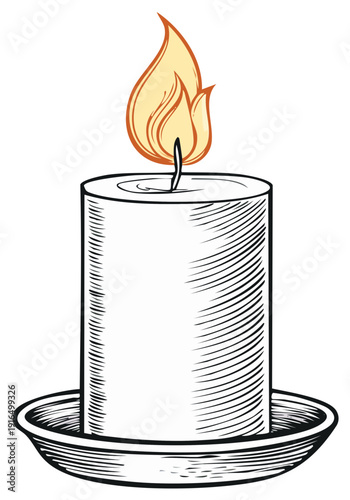 Lit candle with a warm flame, vintage line art illustration